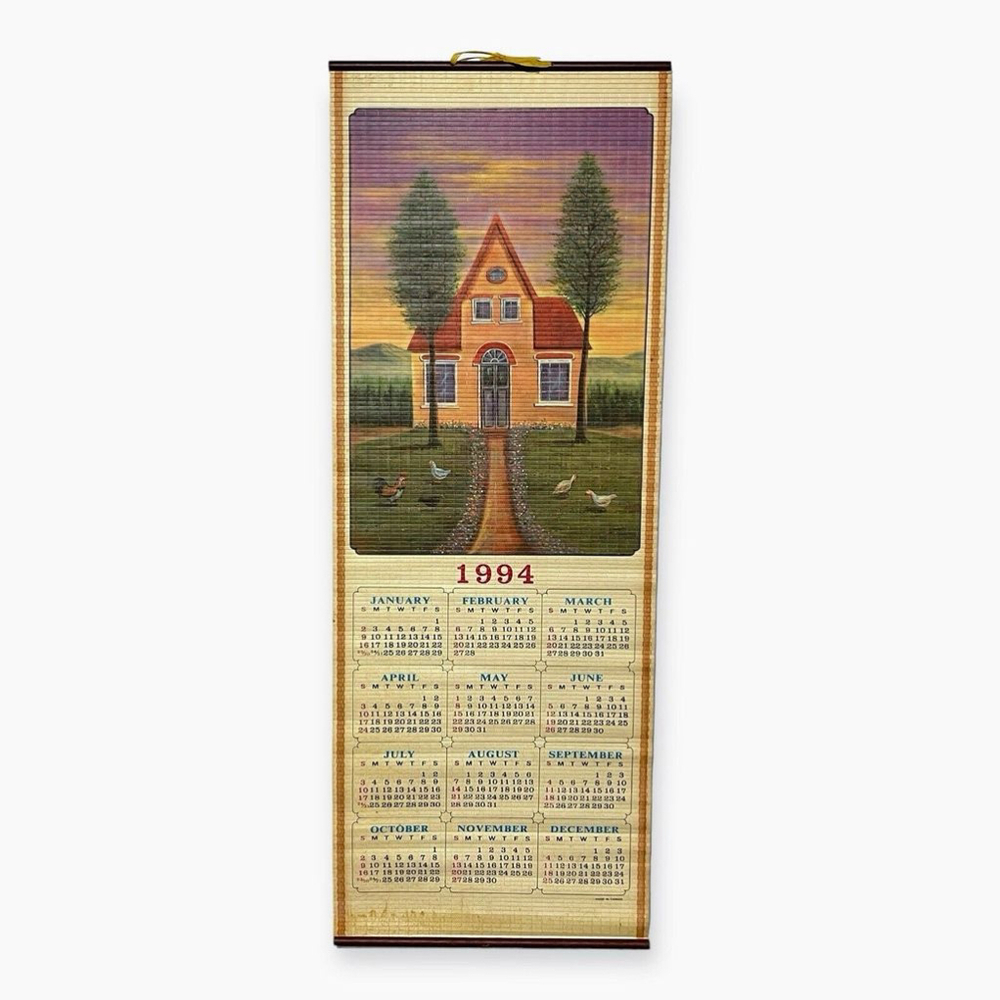 Vintage 1994 Bamboo Wall Calendar Roll Up Primitive Americana Country Folk Art